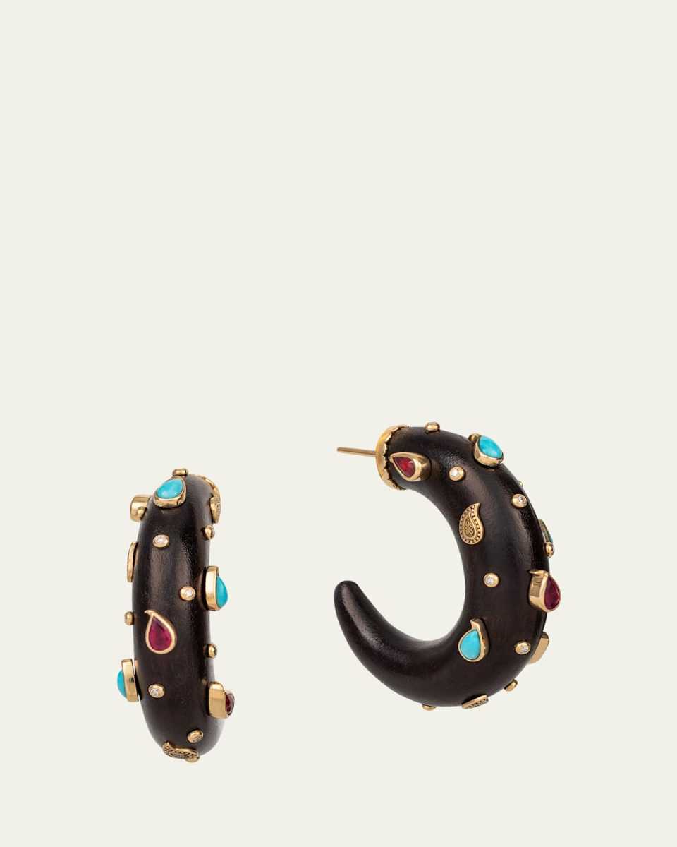 White Diamond, Turquoise and Ruby Paisley Hoop Earrings
